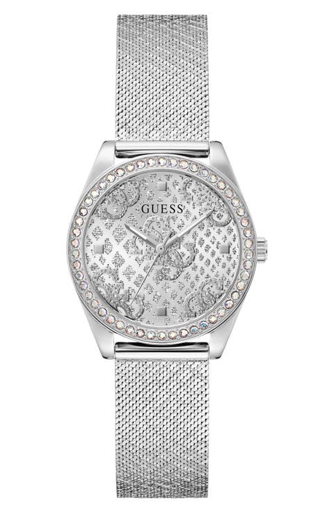 Boa Crystal Bezel Silvertone Mesh Strap Watch, 32mm