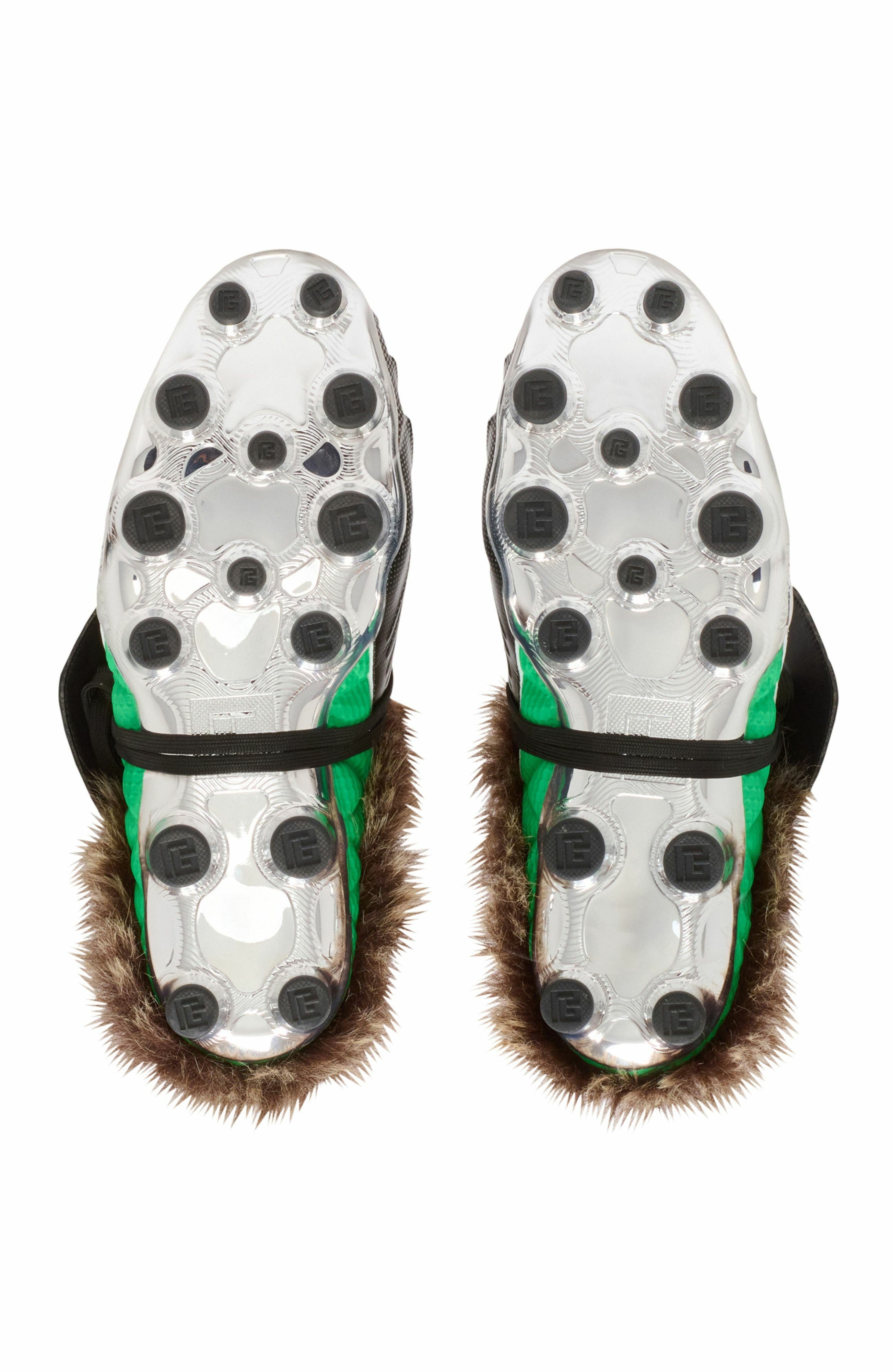 Balmain Half Time Faux Fur-Lined Mules With Technical Fabrics, Alternate, color, Green