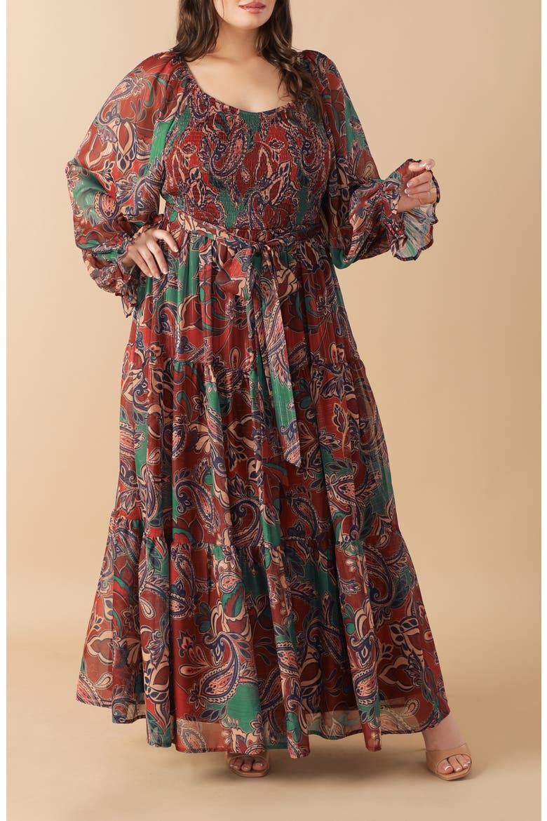 Paisley Smocked Long Sleeve Maxi Dress, Alternate, color, WINE/ TEAL