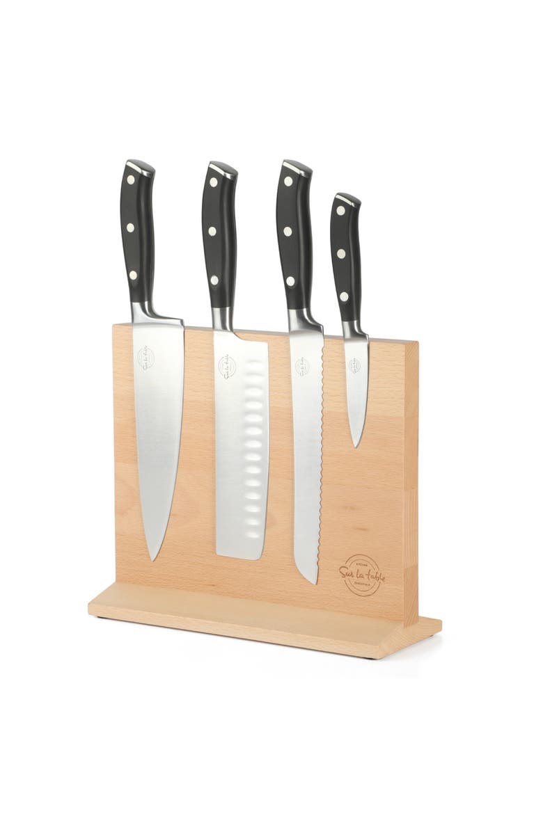 5-Piece High-Carbon German Steel Knife Set with Magnetic Beechwood Block, Main, color, Black