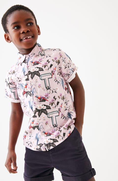 Kids' Floral Short Sleeve Linen Blend Button-Down Shirt & Stretch Cotton Shorts Set (Big Kid)