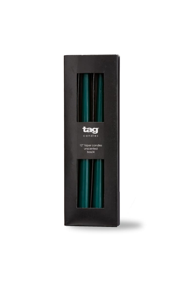 Dark Green Taper Candles Set of 4 Unscented Smokeless, Main, color, Green