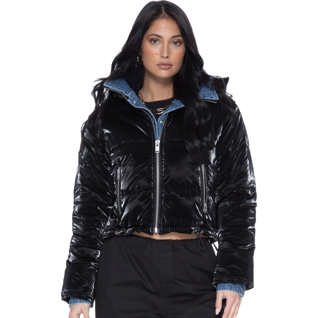Blue Revival In The Mix Denim Shiny Puffer Jacket In Black/denim