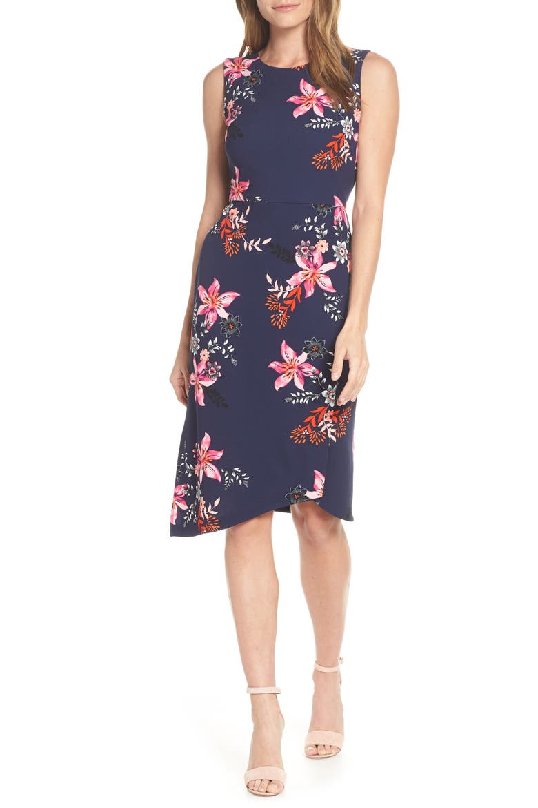 Asymmetrical Hem Scuba Crepe Sheath Dress, Main, color, NAVY/ MULTI