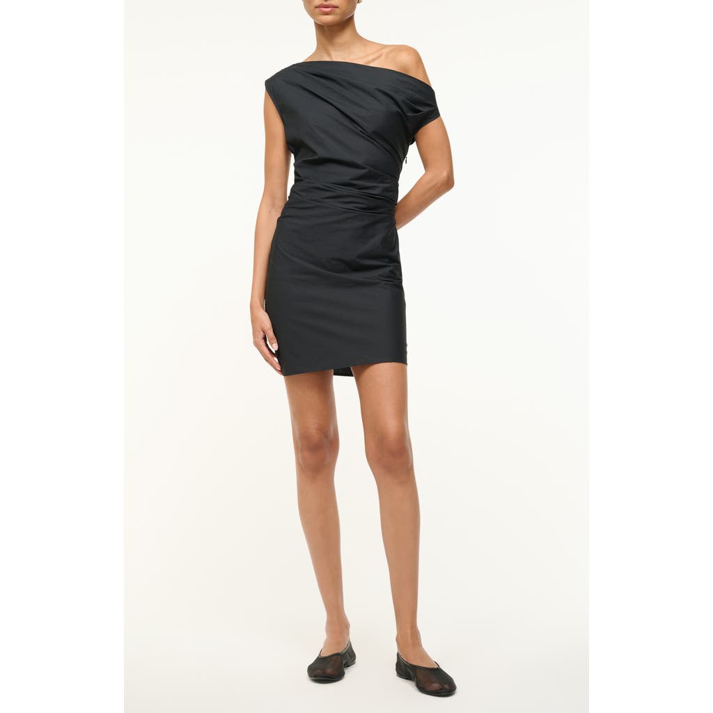 Staud Phare One-shoulder Woven Stretch Cotton Minidress In Black