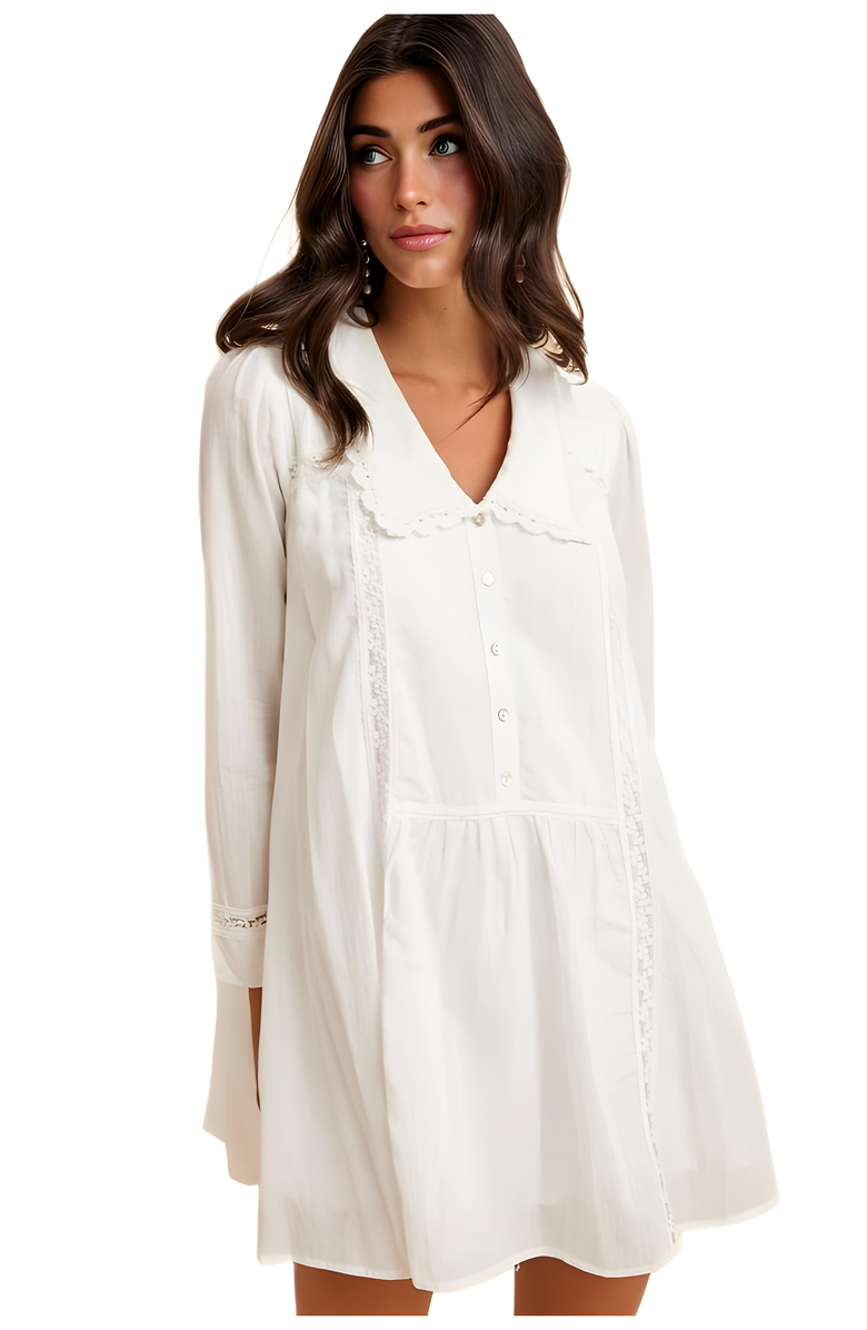 Knit and Lounge Long Sleeve Button-Front Babydoll Dress with Crochet Trim, Alternate, color, Ivory