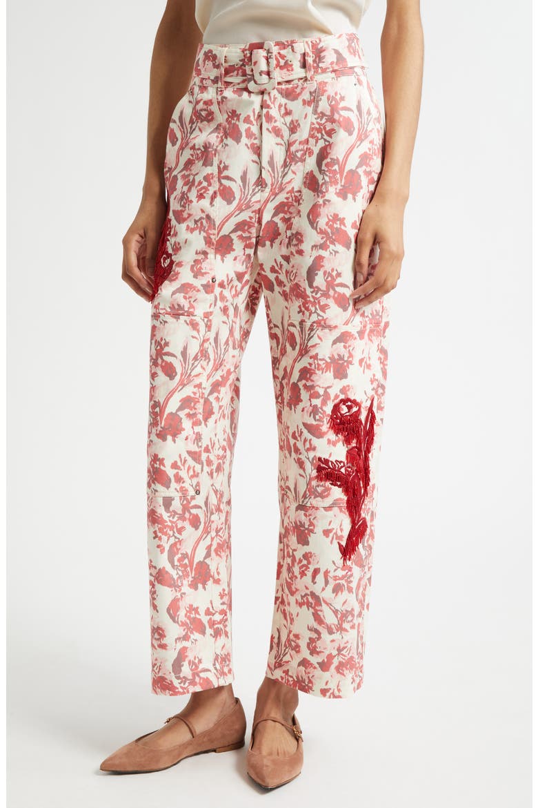 Deyo Floral Ribbons Bead Fringe Detail Stretch Cotton Pants, Main, color, CHERRY ROSE MULTI