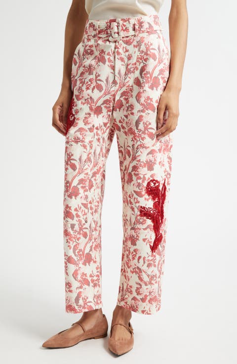Deyo Floral Ribbons Bead Fringe Detail Stretch Cotton Pants