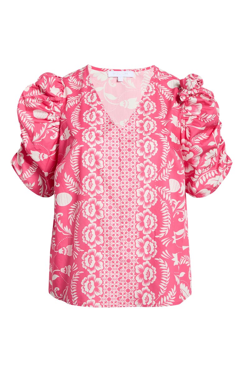 SUGARLIPS Rania Floral Chancellor Ruched Sleeve Cotton Top, Alternate, color, Pink-White