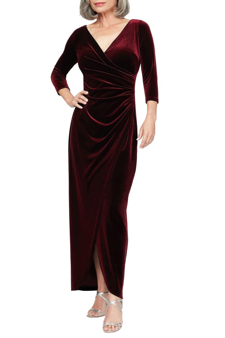 Ruched Three-Quarter Sleeve Velvet Gown, Main, color, WINE