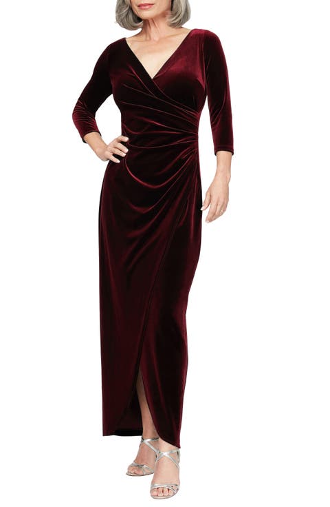 Ruched Three-Quarter Sleeve Velvet Gown