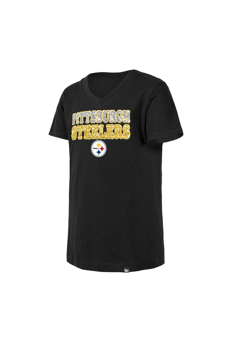 Girls Youth New Era Black Pittsburgh Steelers Reverse Sequin V-Neck T-Shirt, Alternate, color, Black