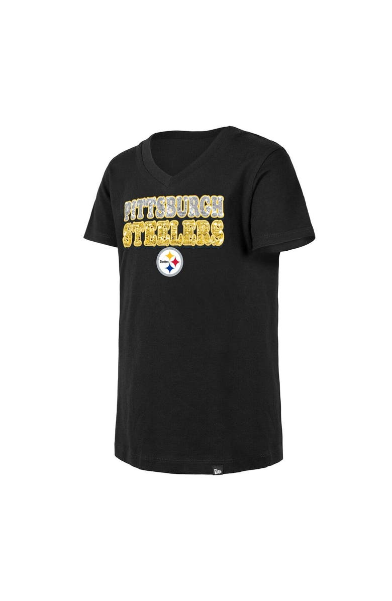New Era Girls Youth New Era Black Pittsburgh Steelers Reverse Sequin V-Neck T-Shirt, Alternate, color,