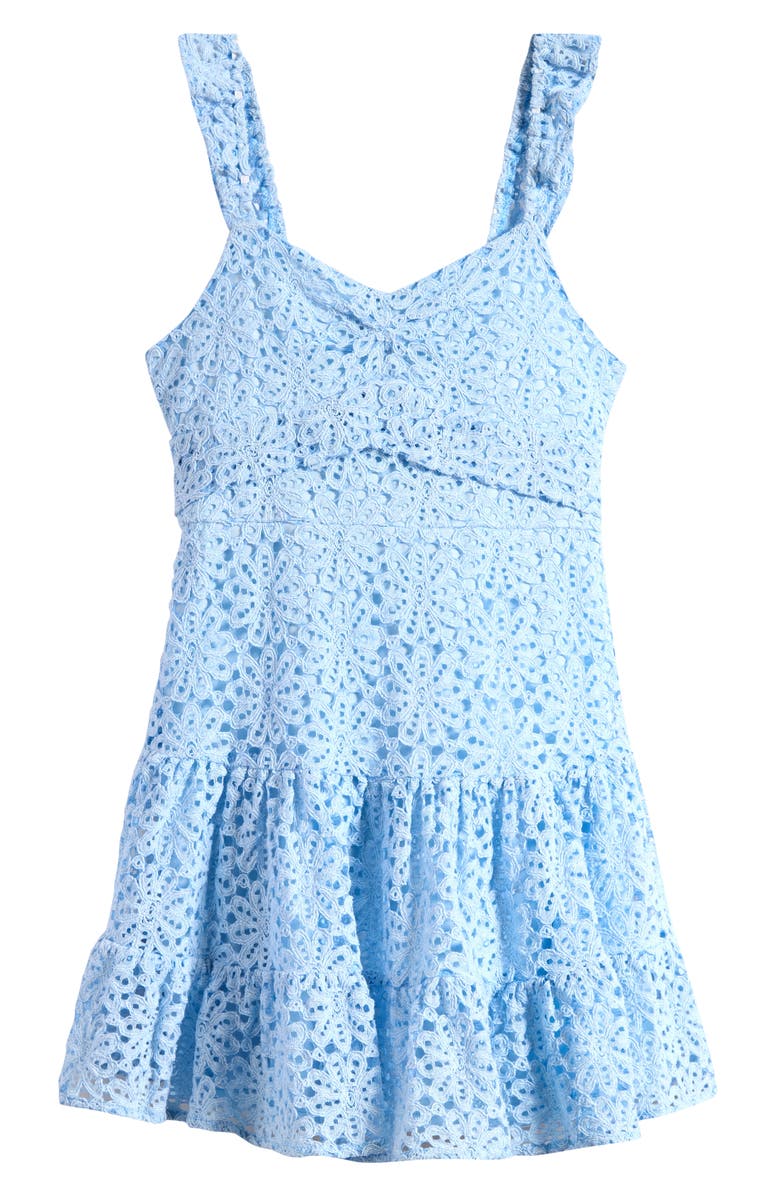 Ava & Yelly Lace Tiered Ruffle Cotton Blend Dress, Main, color, Light Blue