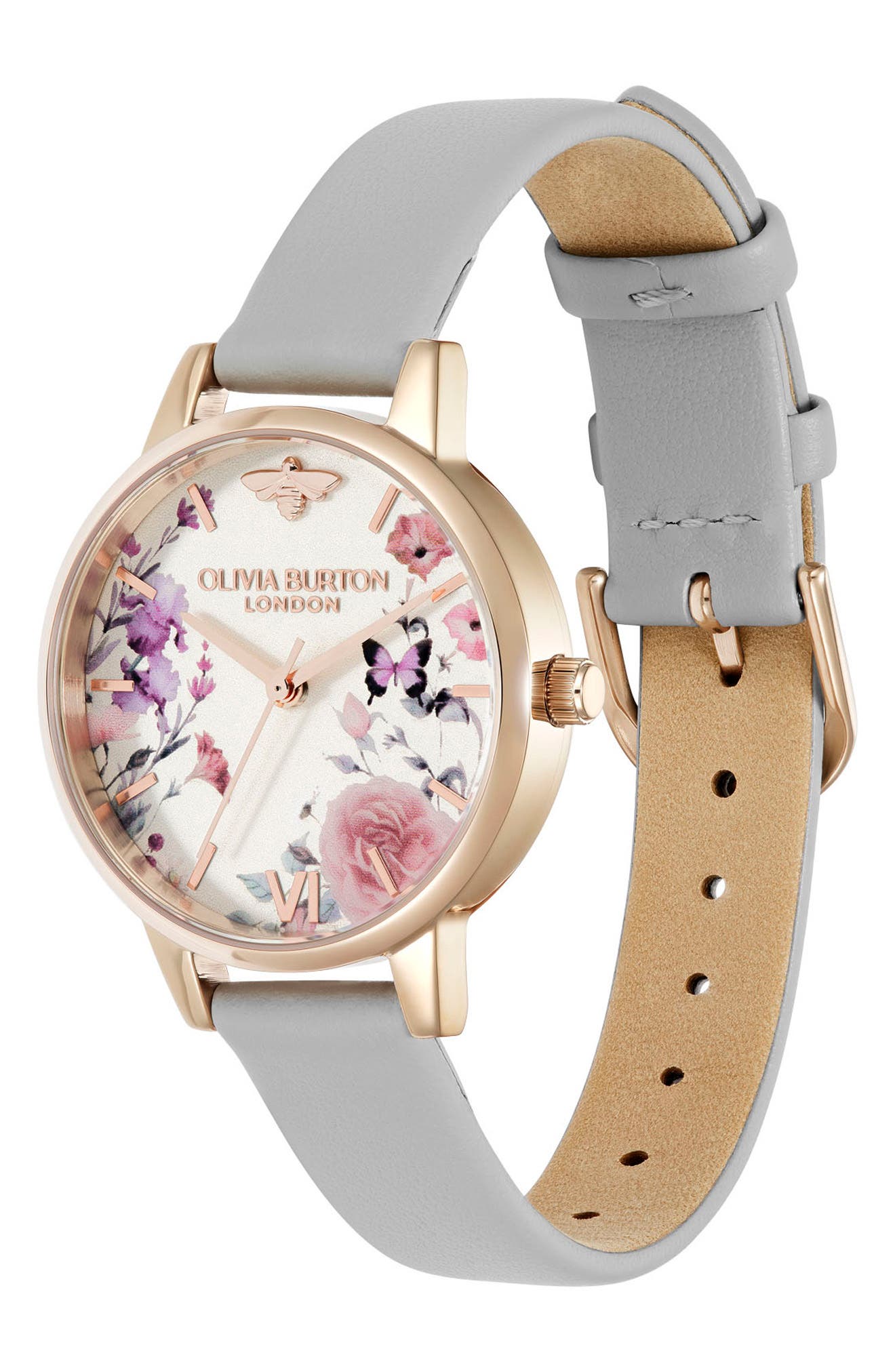 Olivia Burton Illustrated Floral Leather Strap Watch, 30mm 