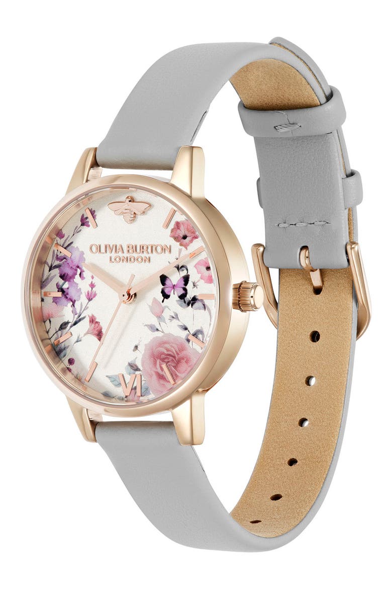 Illustrated Floral Leather Strap Watch, 30mm, Alternate, color, IVORY/GREY
