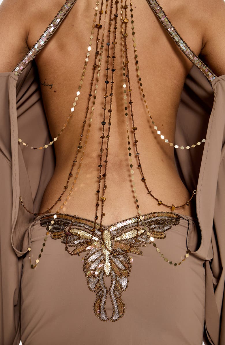 JADED LONDON Embellished Open Back Long Sleeve Minidress, Alternate, color, Brown