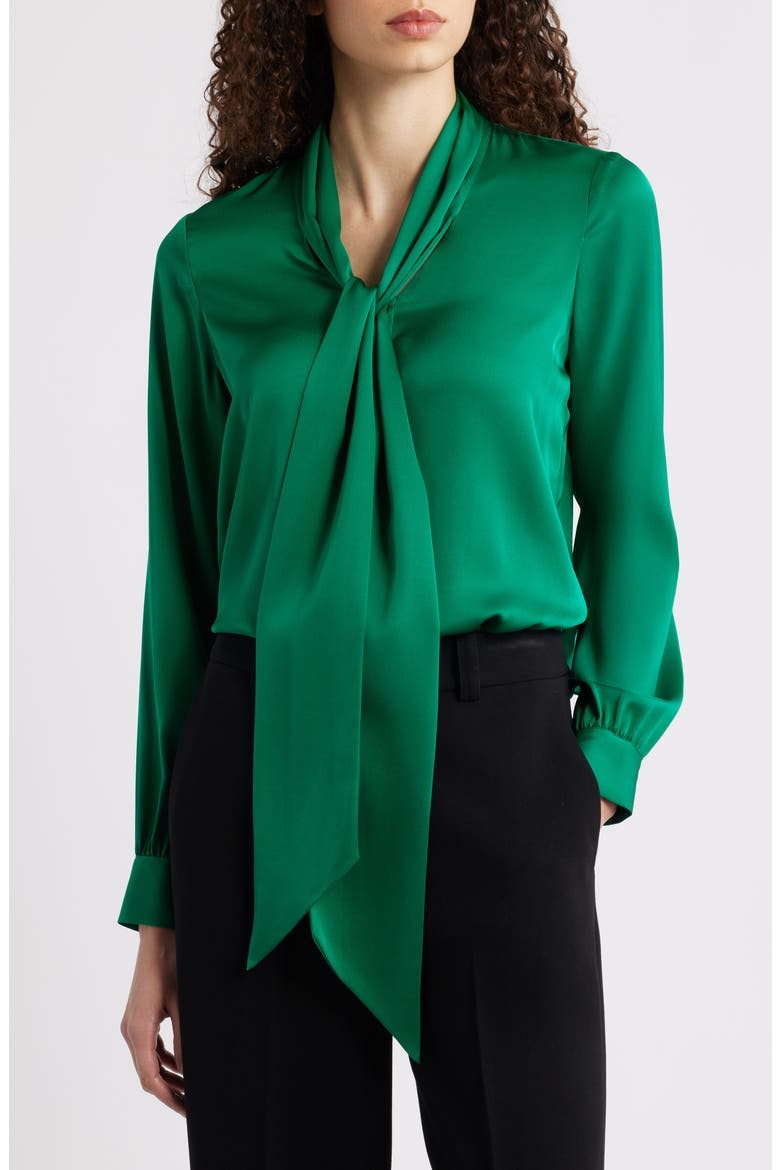 The Nicoletta Tie Neck Silk Stretch Satin Button-Up Shirt, Main, color, PARROT GREEN
