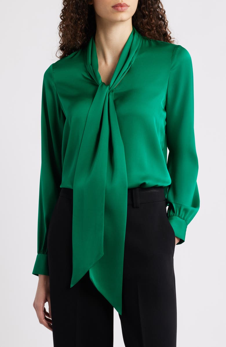 Elie Tahari The Nicoletta Tie Neck Silk Stretch Satin Button-Up Shirt, Main, color, Parrot Green
