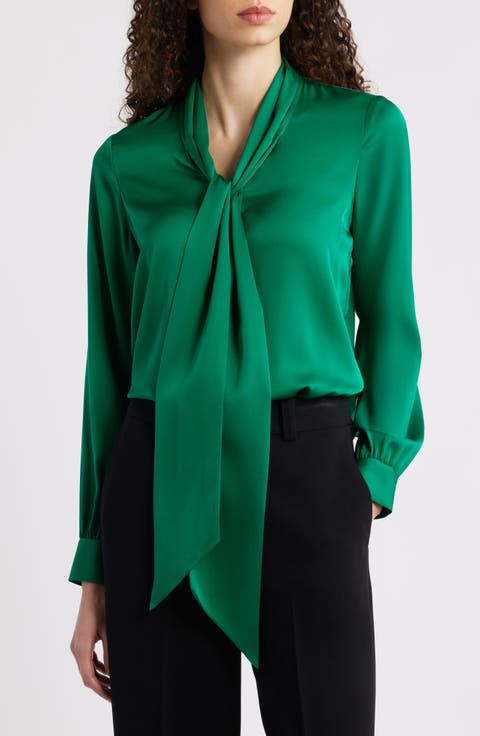 The Nicoletta Tie Neck Silk Stretch Satin Button-Up Shirt