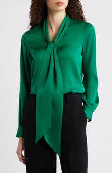 Elie Tahari The Nicoletta Tie Neck Silk Stretch Satin Button-Up Shirt