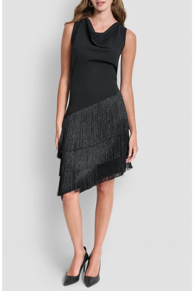 Cowl Neck Asymmetric Fringe Dress, Main, color, BLACK