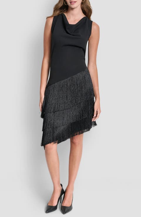 Cowl Neck Asymmetric Fringe Dress