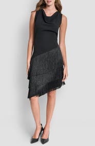 DKNY Cowl Neck Asymmetric Fringe Dress