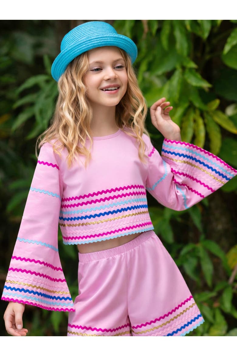 Sunset Waves Cotton Bell Sleeve Top and Short Set, Alternate, color, Pink