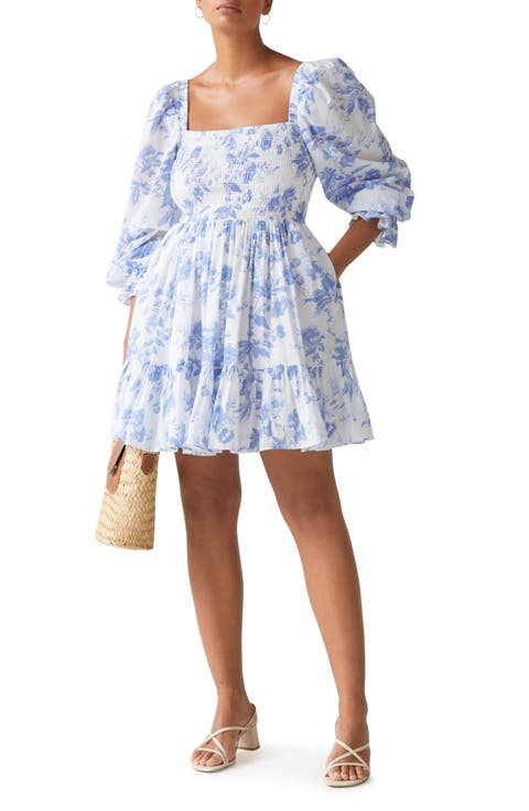 Smocked Tiered Long Sleeve Cotton Dress