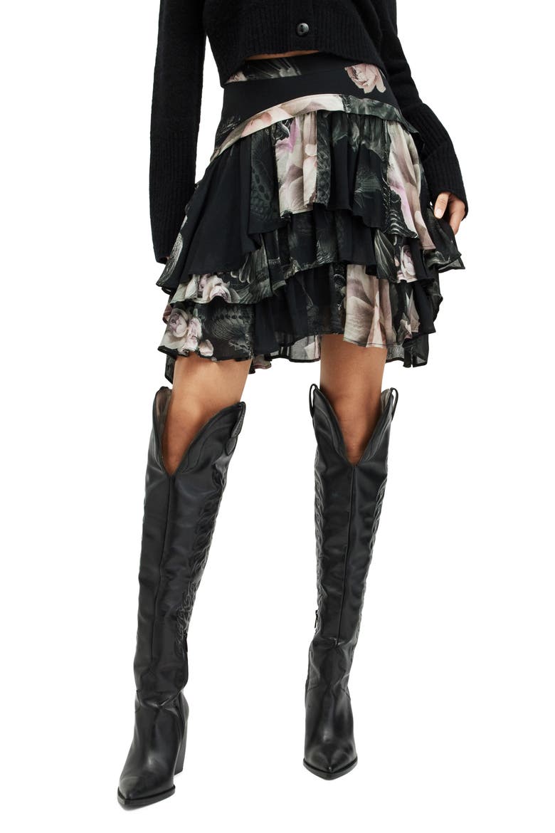 Cavalry Valley Floral Tiered Skirt, Main, color, JET BLACK