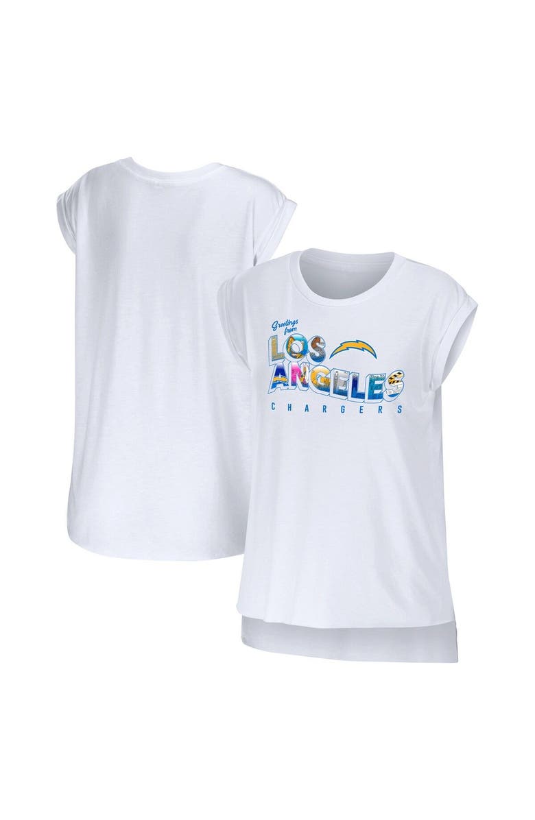 WEAR by Erin Andrews Women's WEAR by Erin Andrews White Los Angeles Chargers Greetings From Muscle T-Shirt, Main, color, White