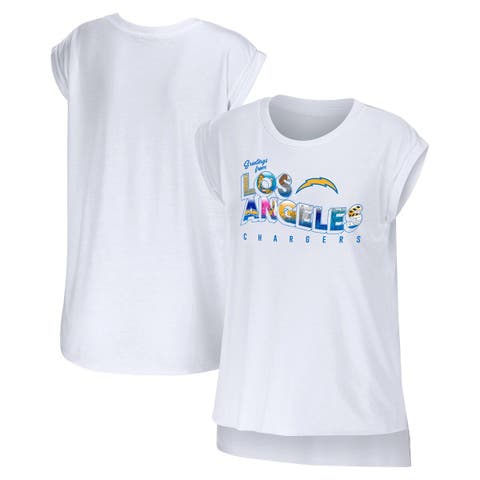 Women's WEAR by Erin Andrews White Los Angeles Chargers Greetings From Muscle T-Shirt