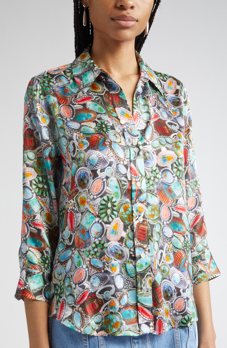 L'AGENCE Dani Mixed Ring Print Silk Button-Up Shirt, Alternate, color, Multi Mix Turquoise Rings