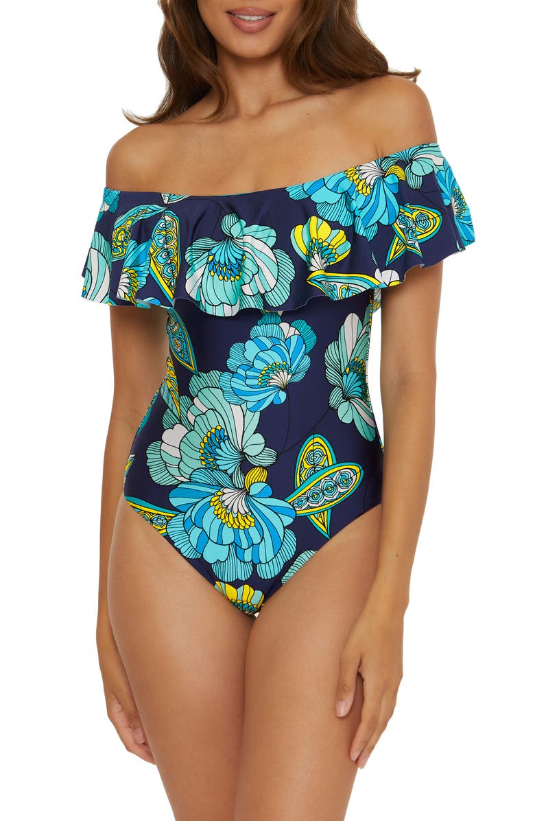 Trina Turk Pirouette Ruffle Off the Shoulder One-Piece Swimsuit, Main, color, 