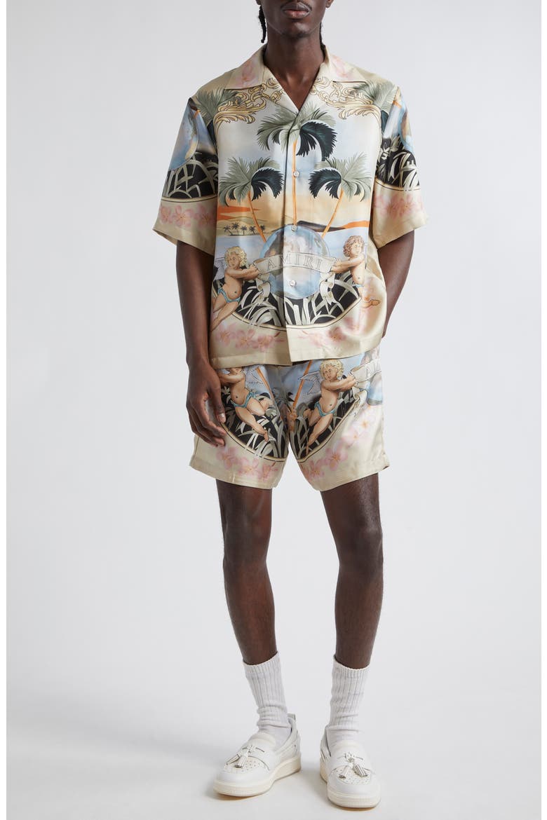 Cherub Print Silk Twill Shorts, Alternate, color, MULTI