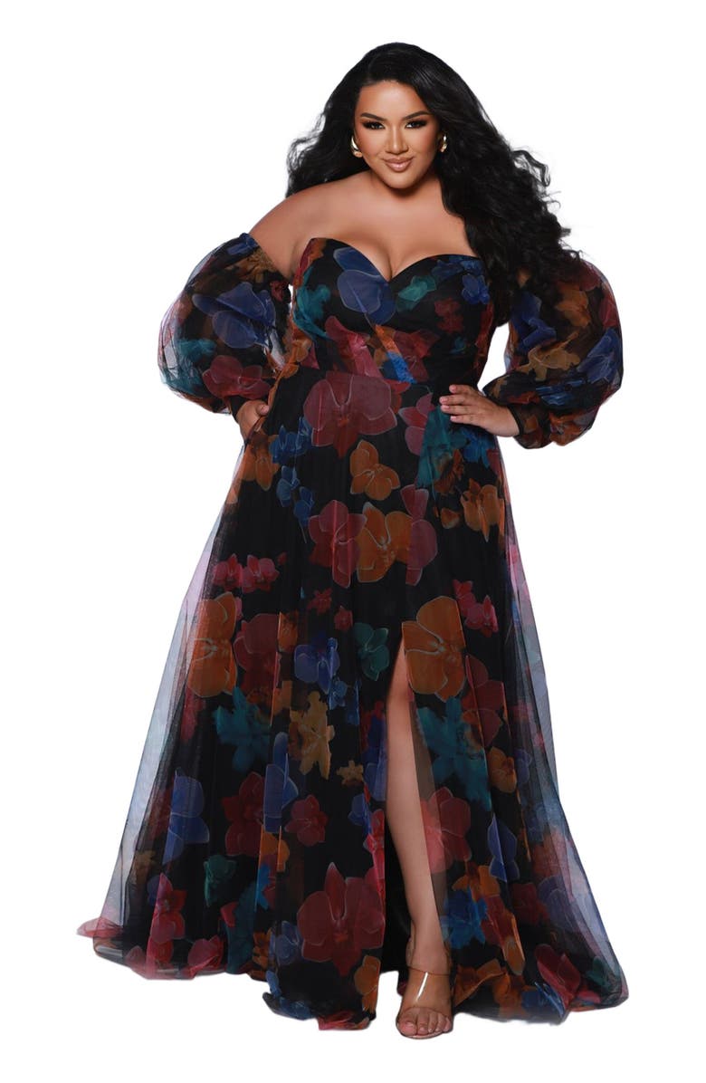 Sydney's Closet Floral Strapless Sweetheart Neckline Plus Size A-Line Gown, Main, color, 
