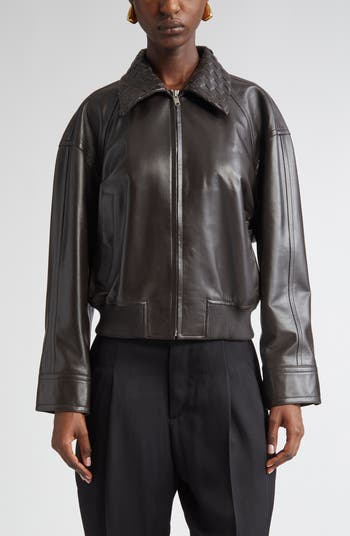 Bottega Veneta Intrecciato Collar Leather Bomber Jacket