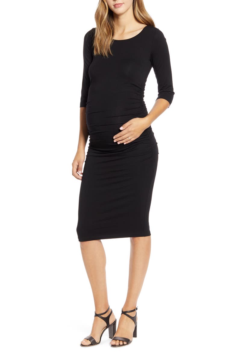 Cassie Ruched Maternity Body-Con Dress, Main, color, CAVIAR BLACK
