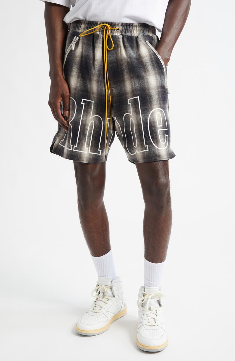 Rhude Plaid Logo Cotton Shorts, Main, color, 