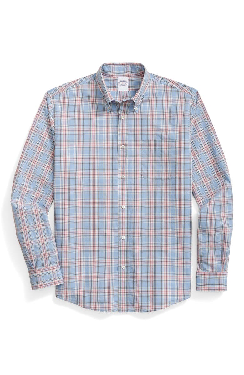 Brooks Brothers Friday Regular Fit Plaid Cotton Poplin Button-Down Shirt, Main, color, Hydrangea