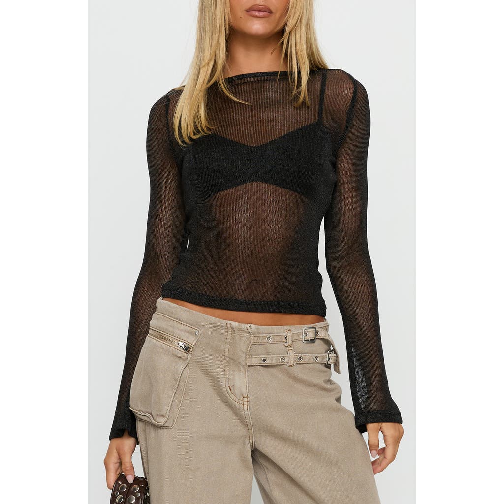 Princess Polly Perfect Mirage Metallic Sheer Crop Sweater In Black