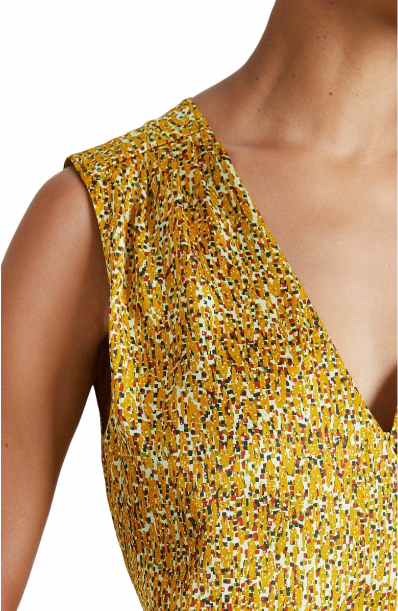 Santorelli VELIA Sleeveless Midi Dress in Dijon Yellow Printed Satin, Alternate, color,