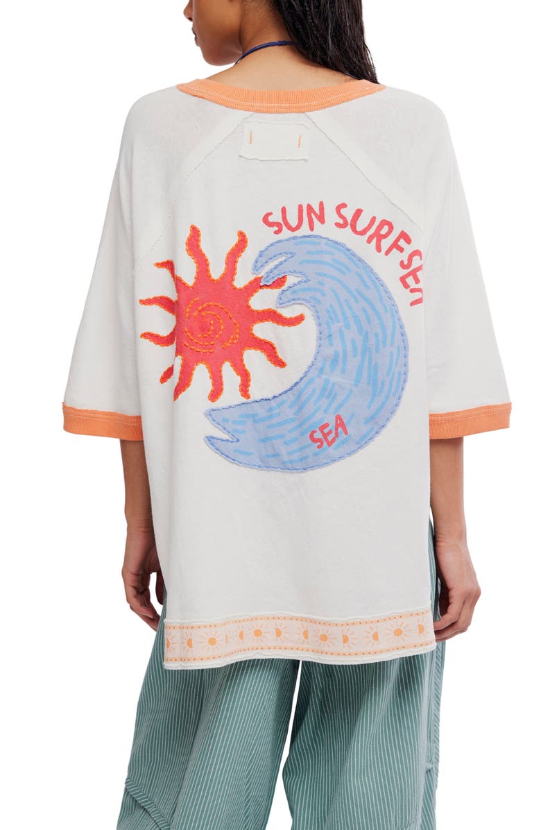 Free People Guilia Graphic Oversized Embroidered Cotton T-Shirt, Alternate, color, Summer Cream Combo