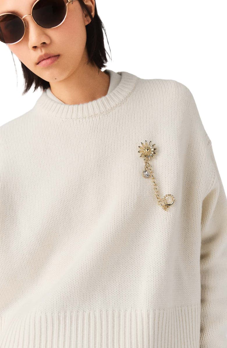maje Sweater with floral brooch, Alternate, color, Ecru