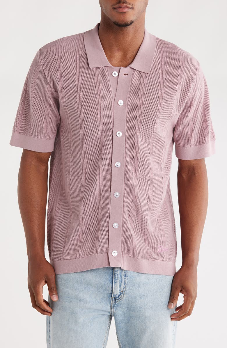 WeSC Loose Weave Short Sleeve Cotton Button-Down Sweater, Main, color, Deauville Muave