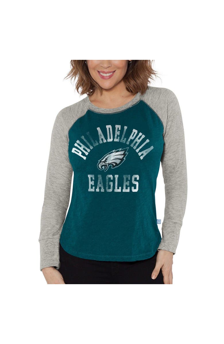 G-III 4HER BY CARL BANKS Women's G-III 4Her by Carl Banks Midnight Green/Heather Gray Philadelphia Eagles Waffle Knit Raglan Long Sleeve T-Shirt, Main, color, Green
