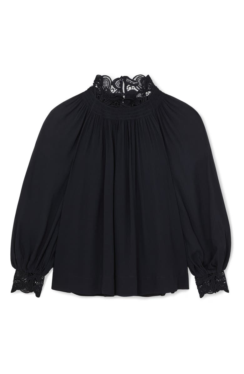 Reiss Czara Lace Accent Smocked Yoke Top, Alternate, color, Navy