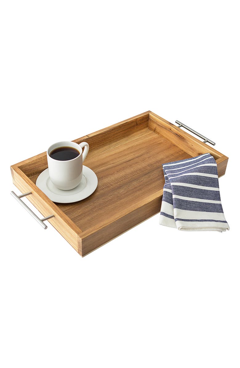 Cathy's Concepts Monogram Acacia Tray with Metal Handles, Main, color,