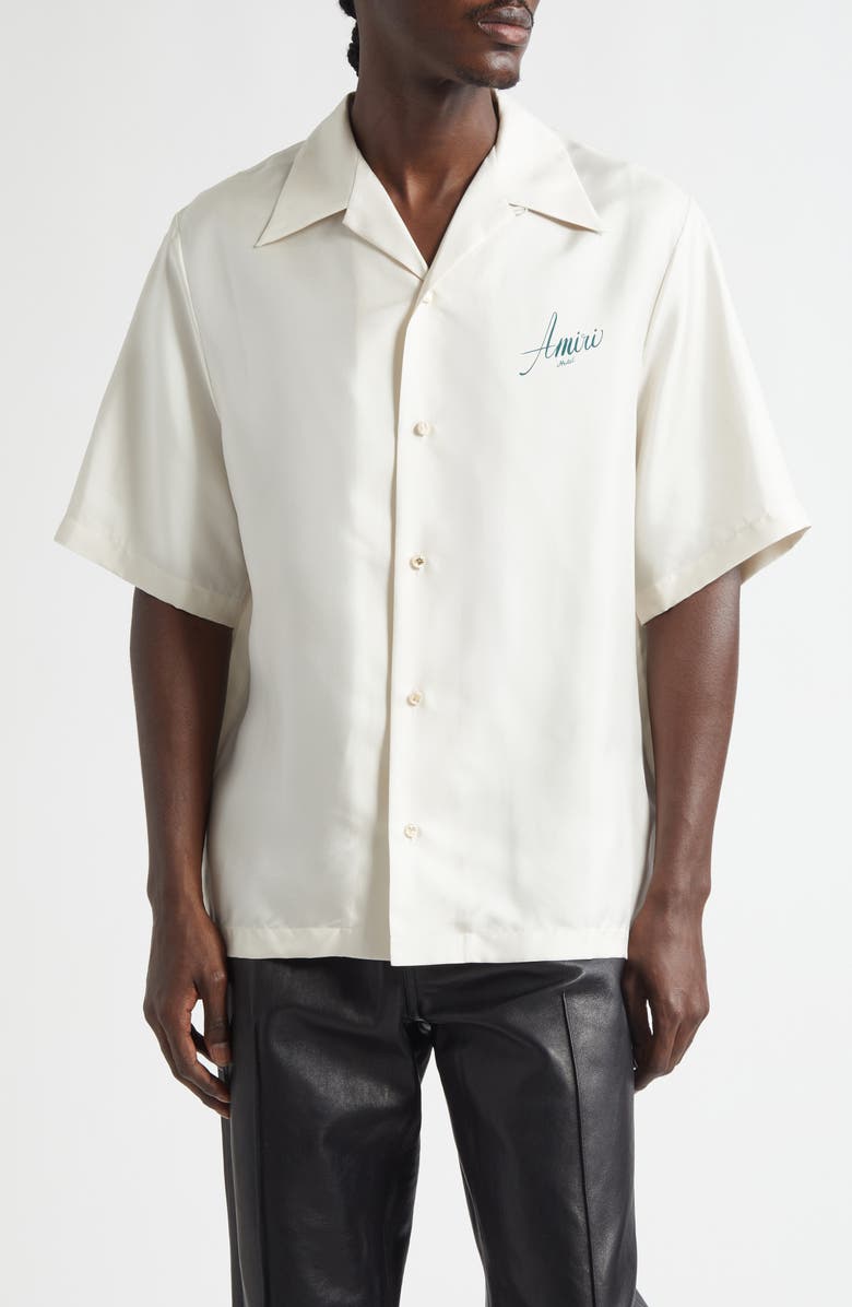AMIRI Hotel Silk Bowling Shirt, Main, color, Alabaster
